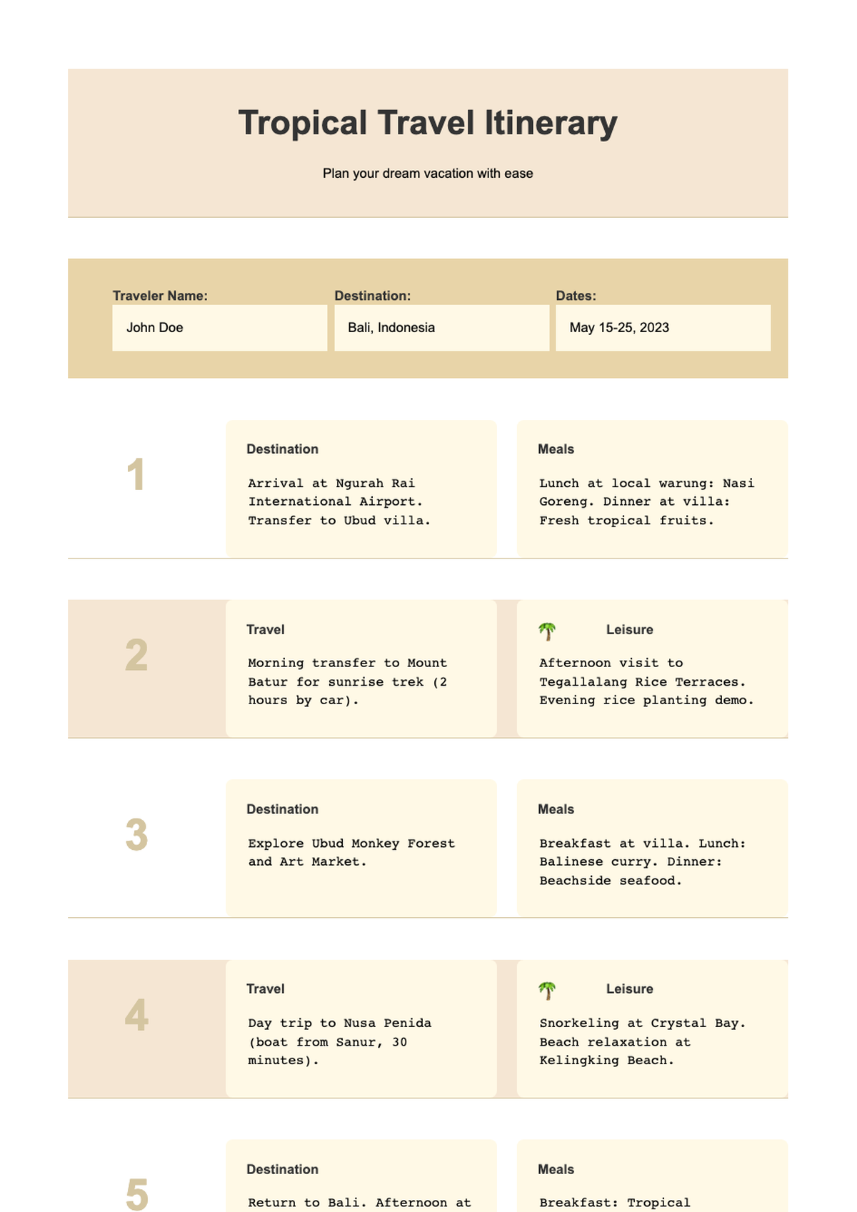 Tropical beach themed 5 day travel itinerary template_variant_3